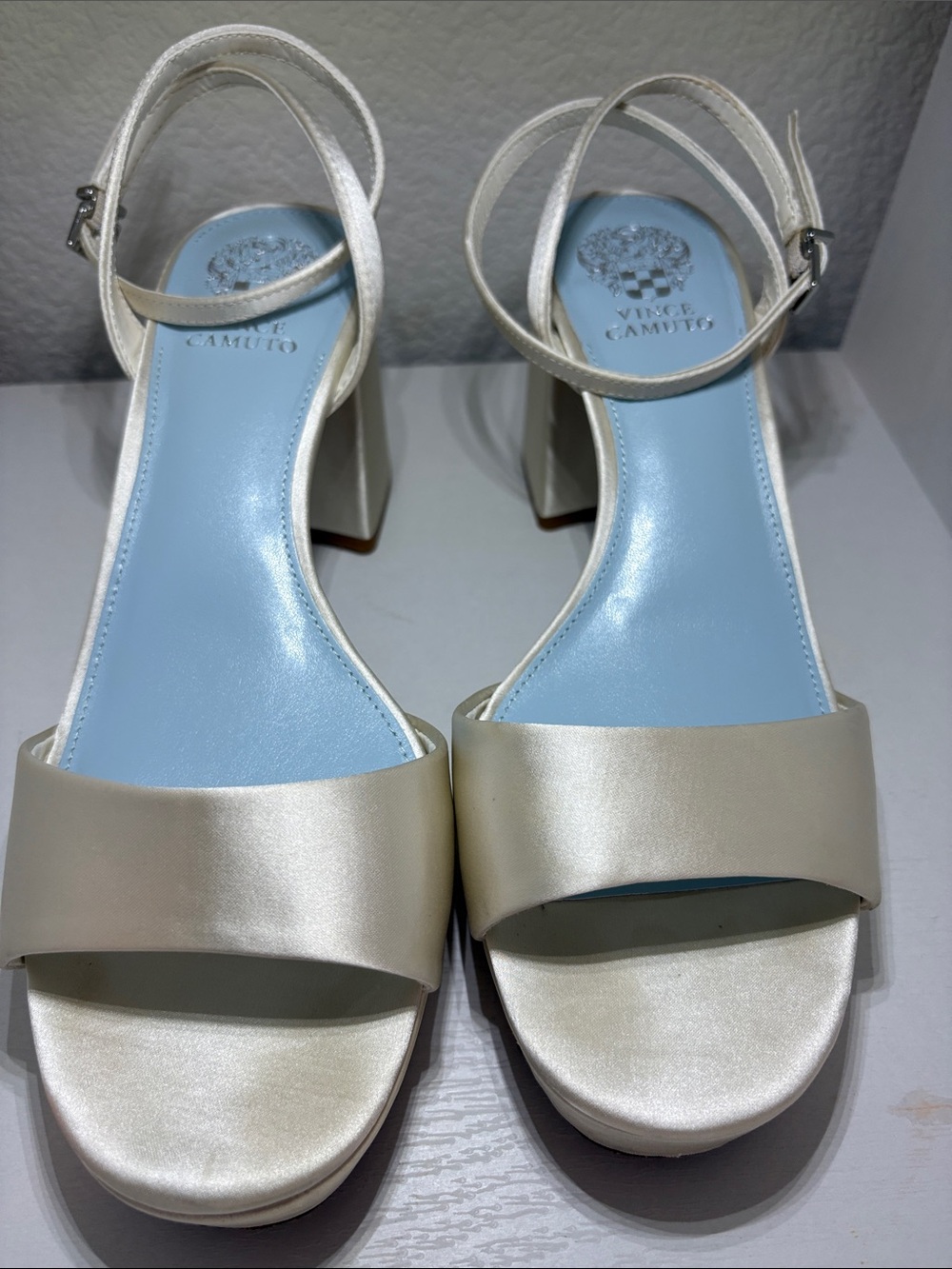 Vince Camuto Pearl Satin Ankle-Strap Block Heel Sandals